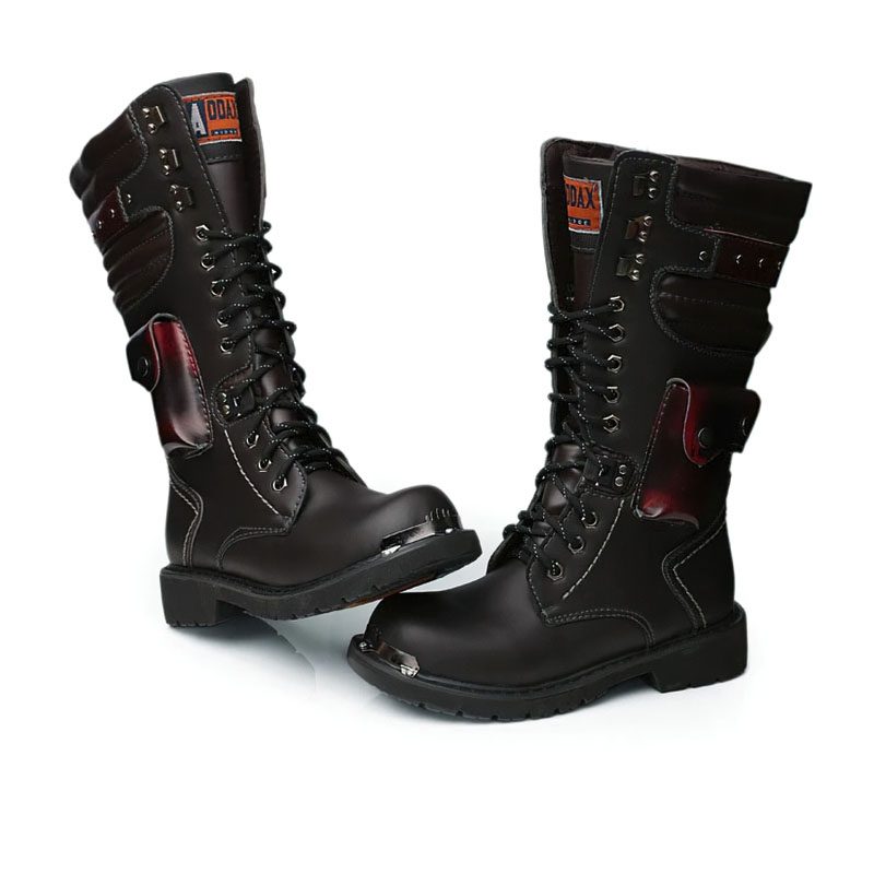 Punk Men's Leather Boots with Pocket / Lace up Motorcycle Knee-High Boots