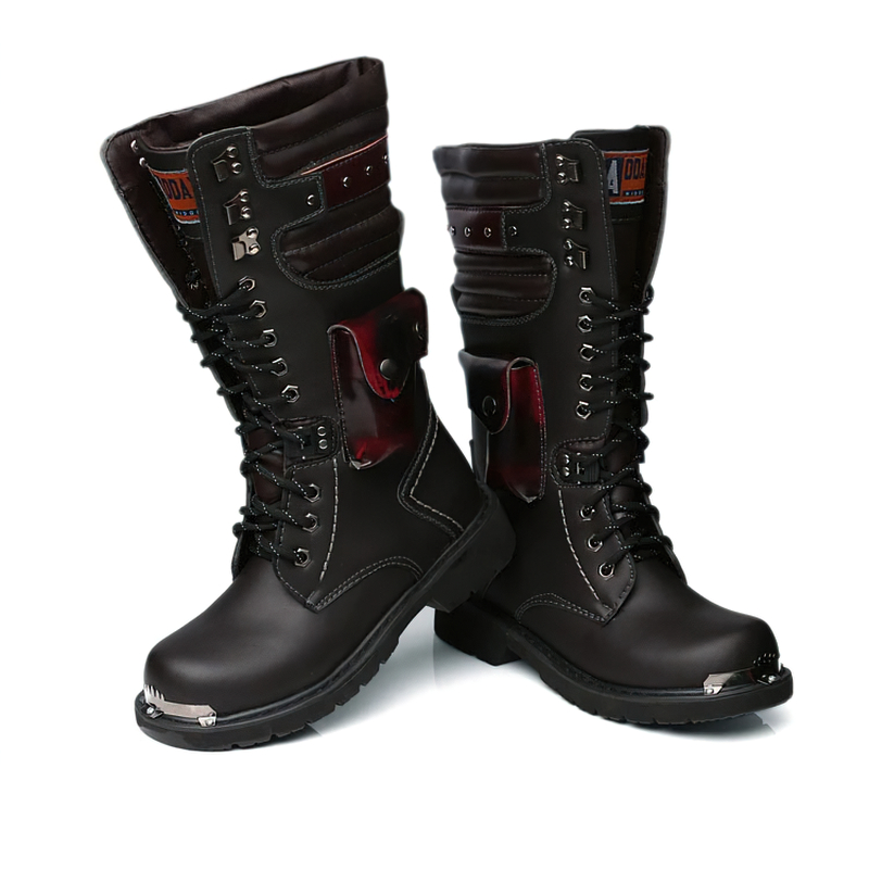 Punk Men's Leather Boots with Pocket / Lace up Motorcycle Knee-High Boots