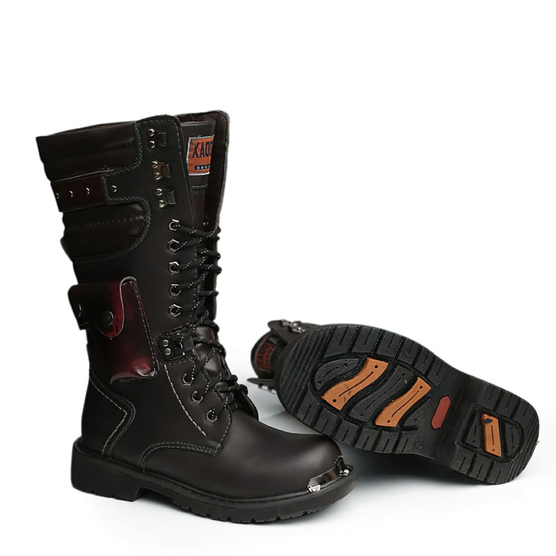 Punk Men's Leather Boots with Pocket / Lace up Motorcycle Knee-High Boots