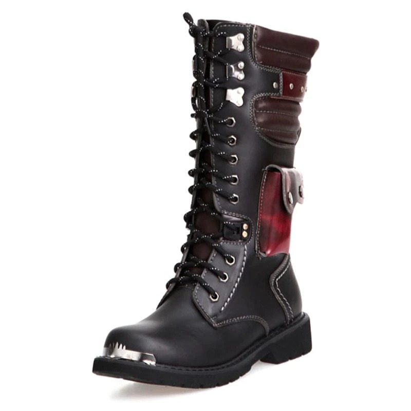 Punk Men's Leather Boots with Pocket / Lace up Motorcycle Knee-High Boots