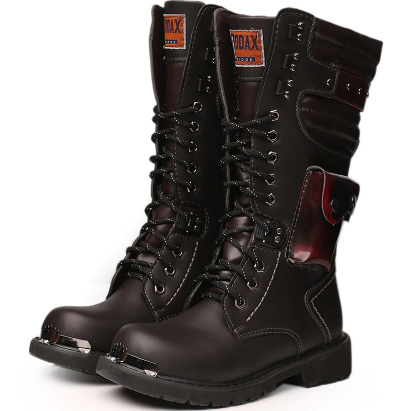 Punk Men's Leather Boots with Pocket / Lace up Motorcycle Knee-High Boots