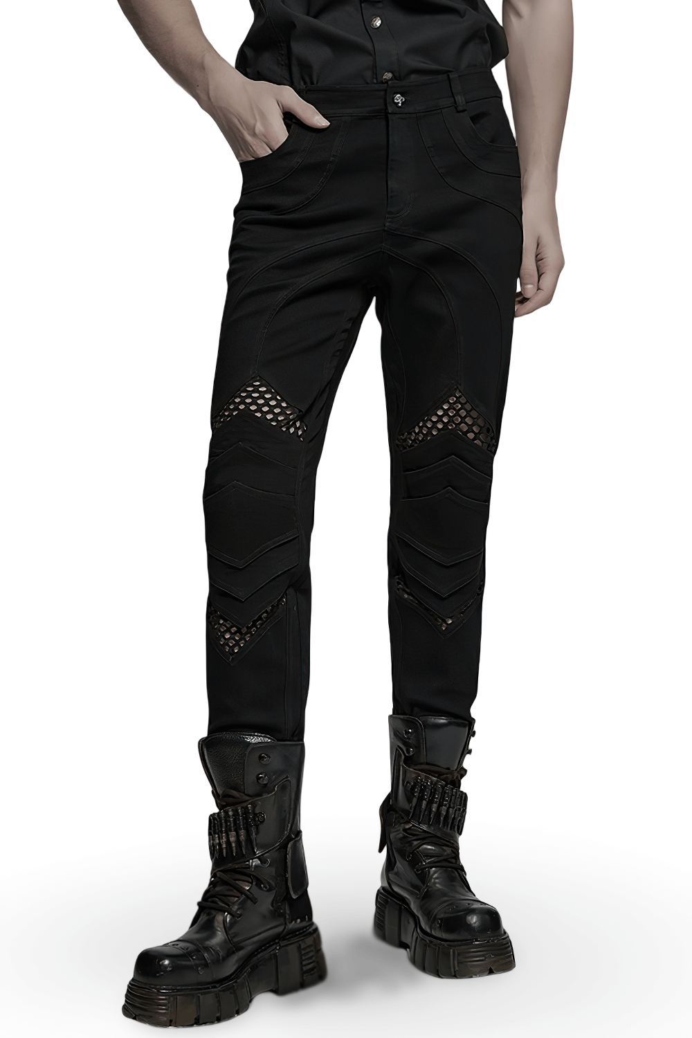Punk Mesh Detail Tight Pants with 3D Knee Pieces