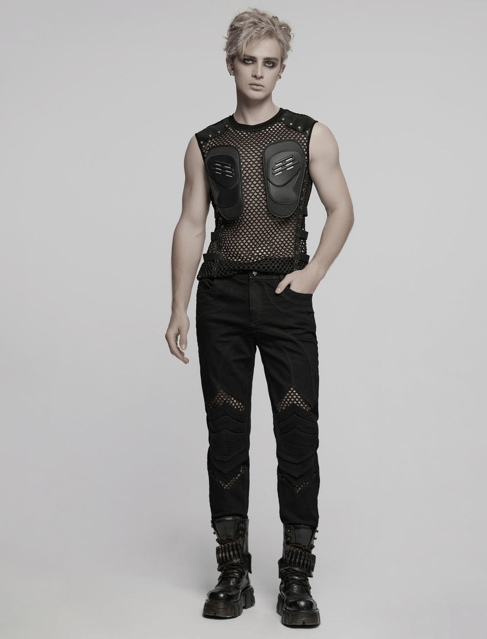 Punk Mesh Detail Tight Pants with 3D Knee Pieces