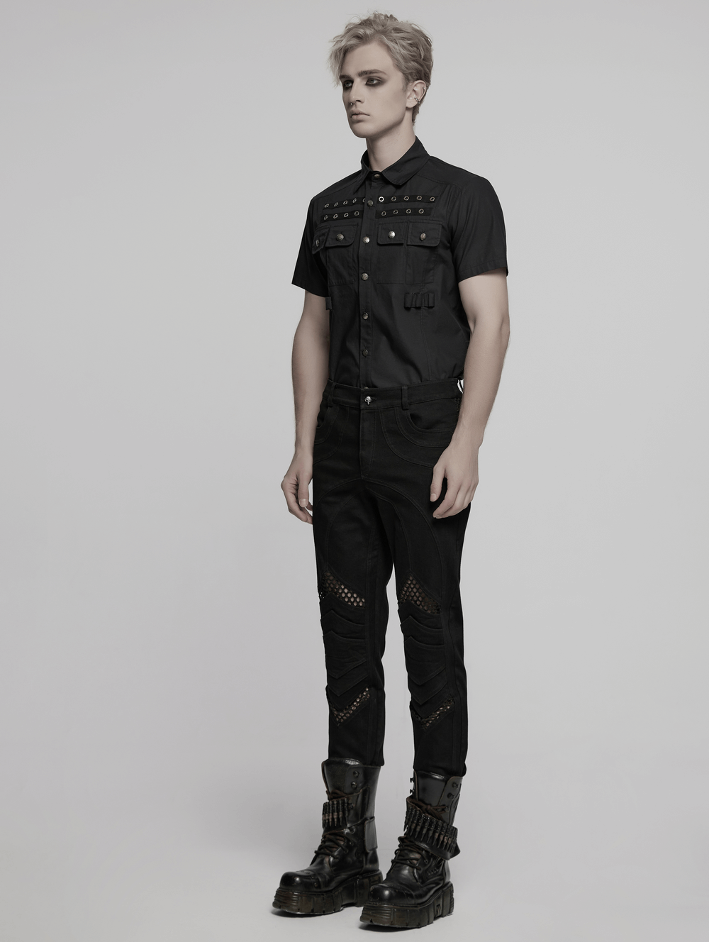 Punk Mesh Detail Tight Pants with 3D Knee Pieces