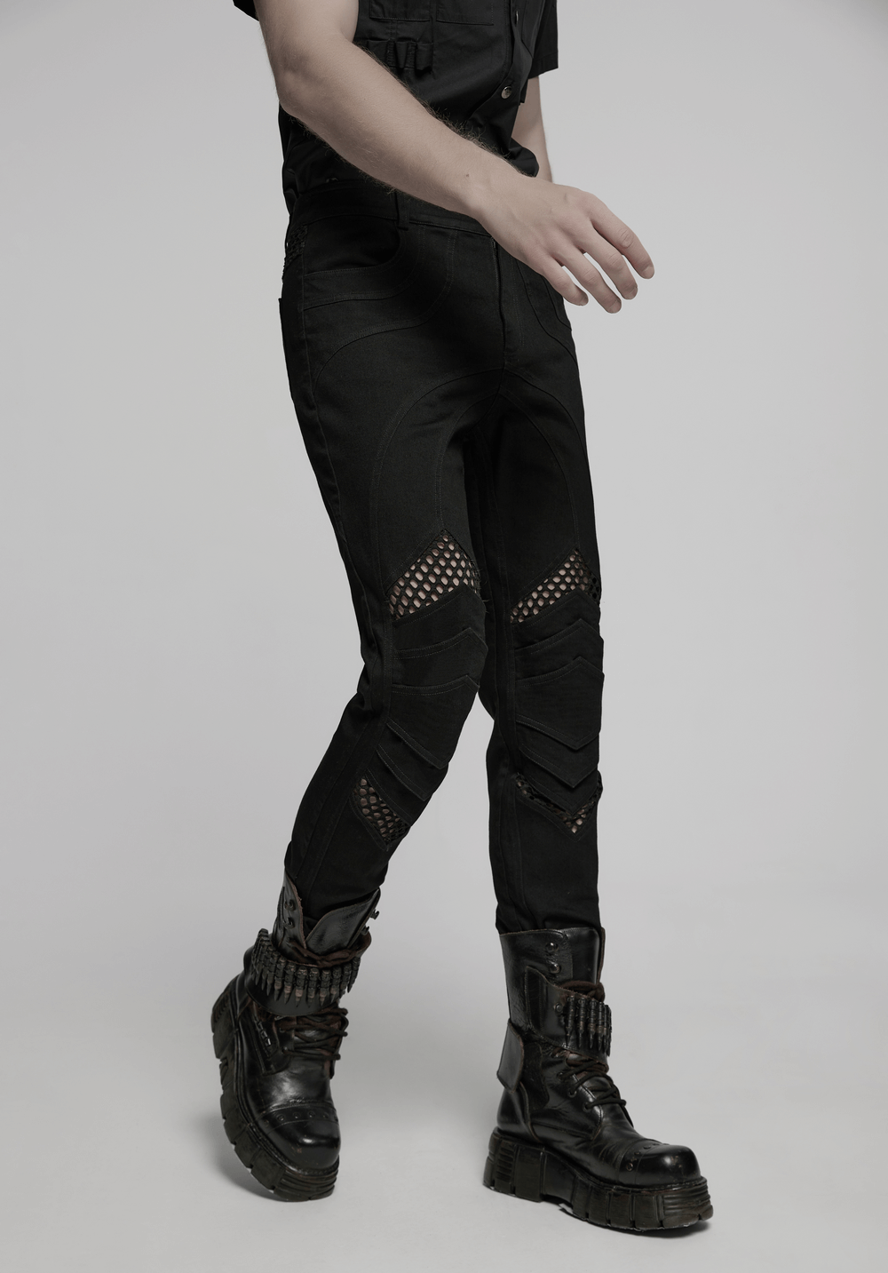 Punk Mesh Detail Tight Pants with 3D Knee Pieces