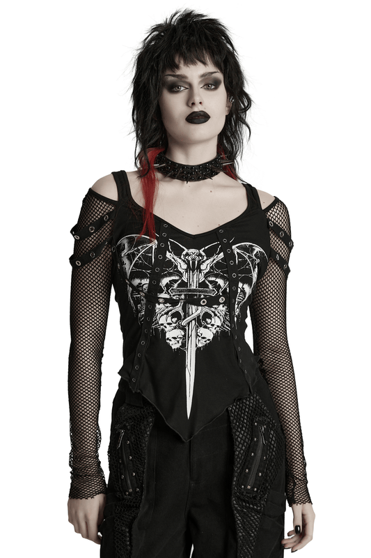 Punk Mesh Sleeved Top with Bat and Skull Print