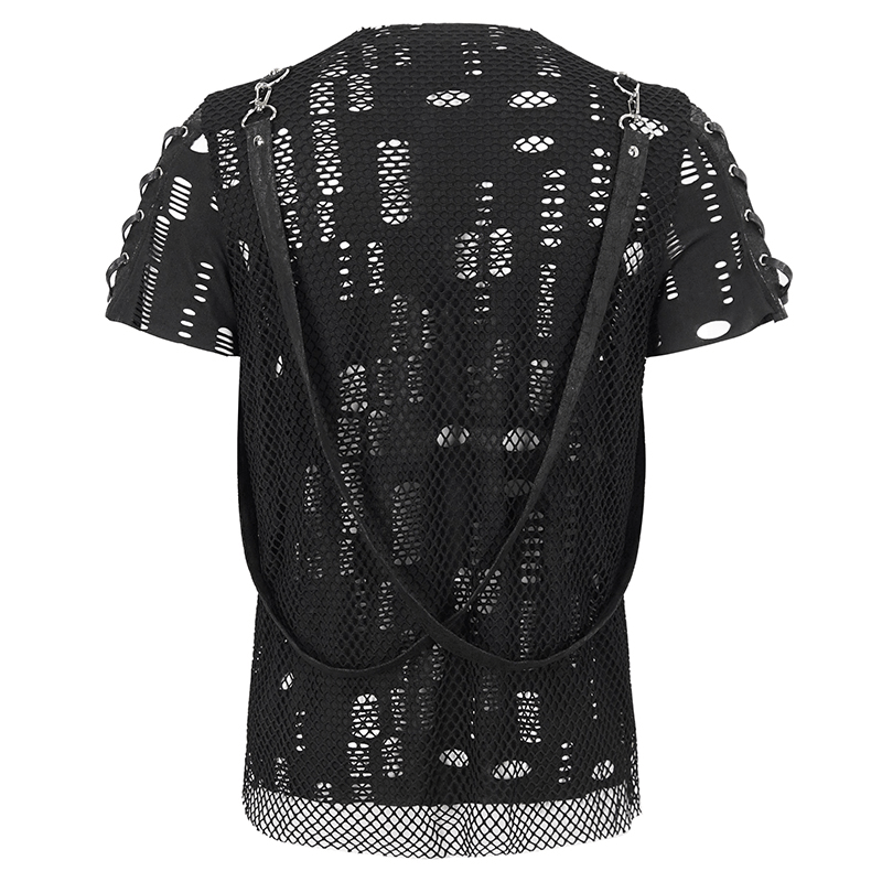 Punk Mesh T-Shirt with Detachable Straps / Men's Black Studs T-Shirts Lace-Up on Sleeves