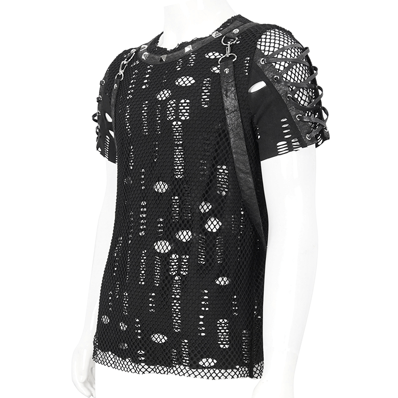 Punk Mesh T-Shirt with Detachable Straps / Men's Black Studs T-Shirts Lace-Up on Sleeves