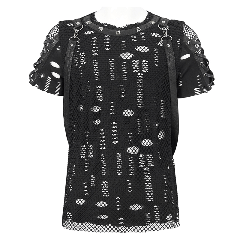 Punk Mesh T-Shirt with Detachable Straps / Men's Black Studs T-Shirts Lace-Up on Sleeves