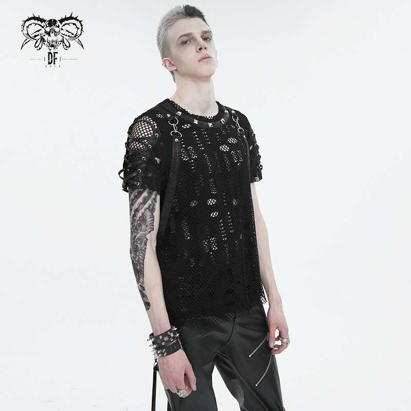 Punk Mesh T-Shirt with Detachable Straps / Men's Black Studs T-Shirts Lace-Up on Sleeves