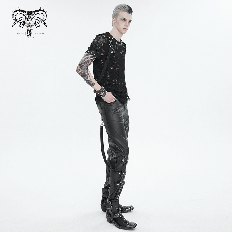Punk Mesh T-Shirt with Detachable Straps / Men's Black Studs T-Shirts Lace-Up on Sleeves
