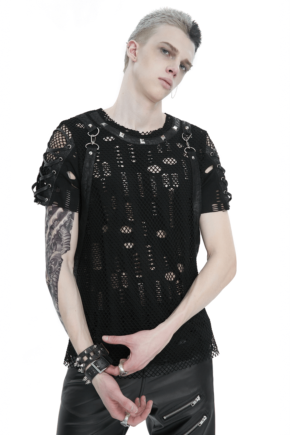 Punk Mesh T-Shirt with Detachable Straps / Men's Black Studs T-Shirts Lace-Up on Sleeves