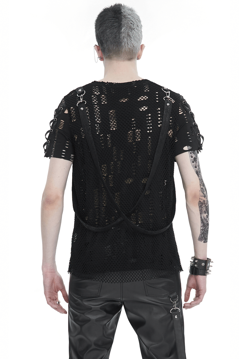 Punk Mesh T-Shirt with Detachable Straps / Men's Black Studs T-Shirts Lace-Up on Sleeves