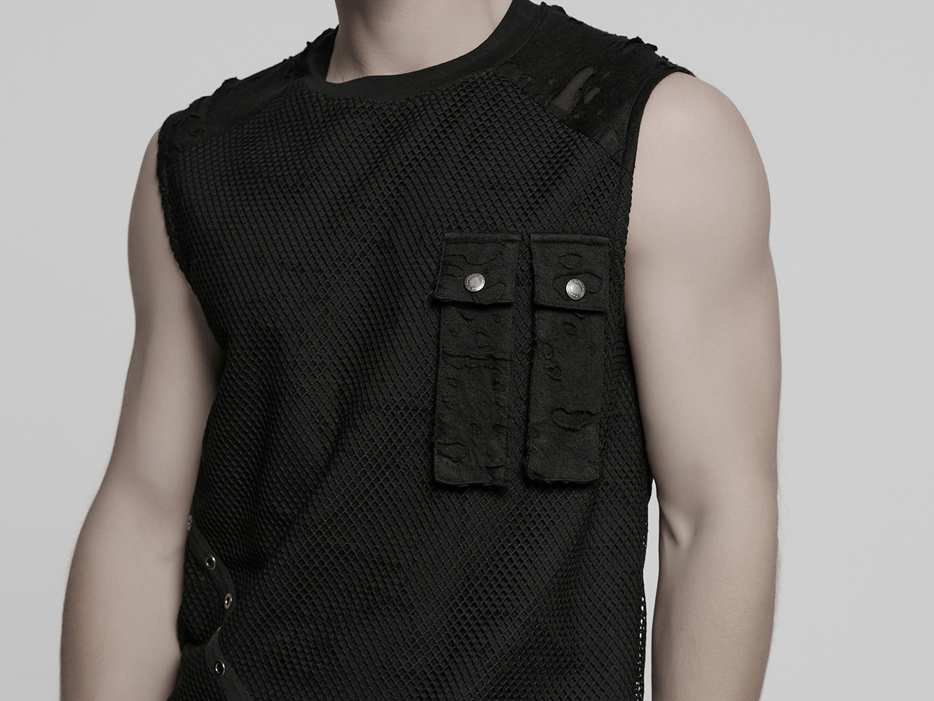 Punk Mesh Top with Tattered Fabric and Pocket Details