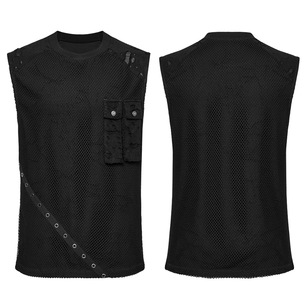 Punk Mesh Top with Tattered Fabric and Pocket Details