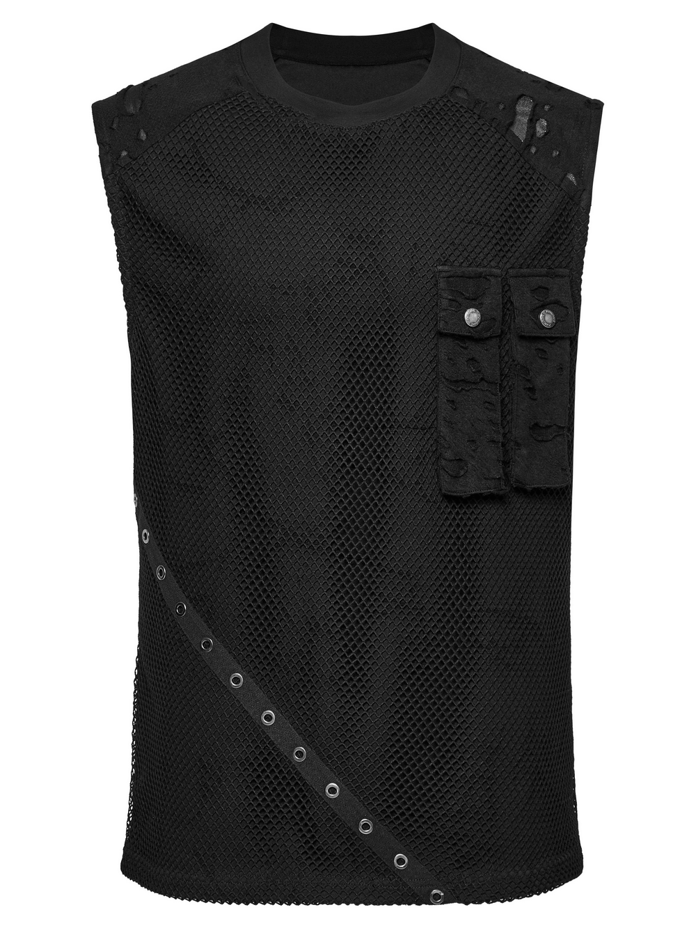 Punk Mesh Top with Tattered Fabric and Pocket Details