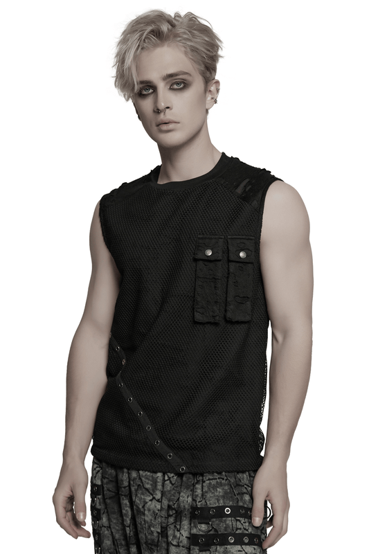 Punk Mesh Top with Tattered Fabric and Pocket Details