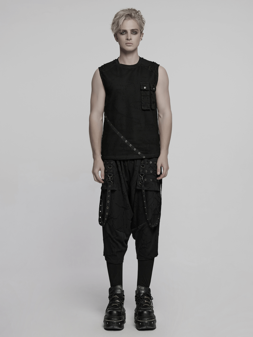 Punk Mesh Top with Tattered Fabric and Pocket Details