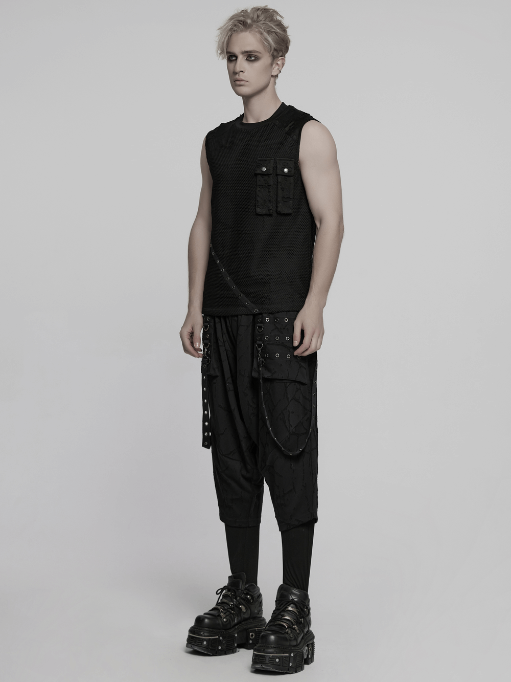 Punk Mesh Top with Tattered Fabric and Pocket Details