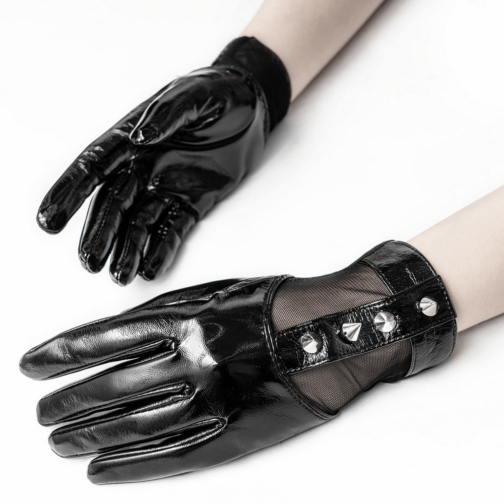 Punk Metal Rivet PU Leather Gloves with Elastic Mesh