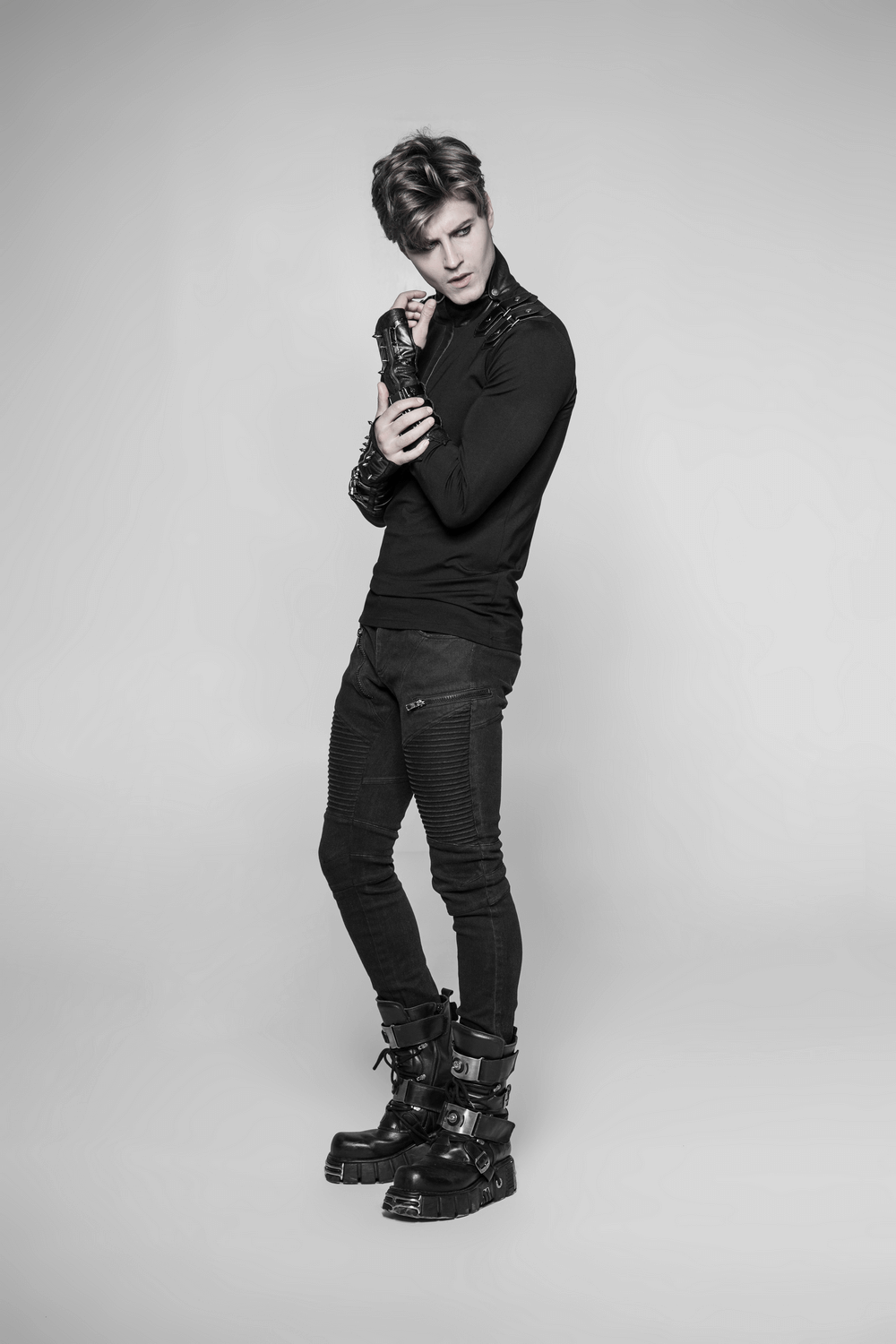 Punk Micro-Crack Fingerless Gloves with Leather Loops