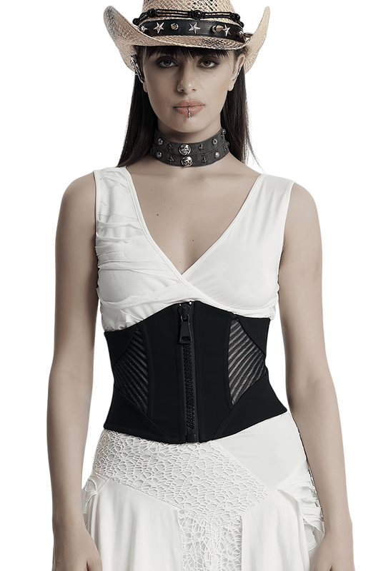 Punk Minimalist Black Corset with Mesh Splicing and Zipper