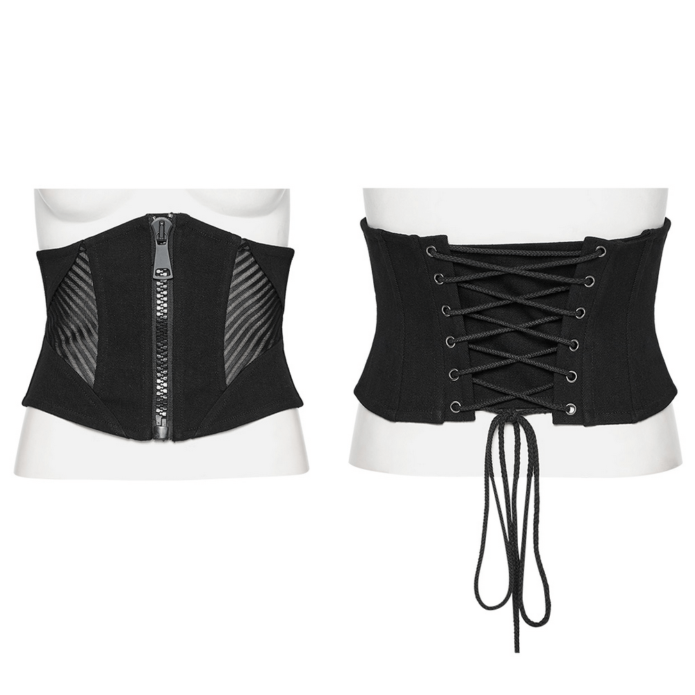 Punk Minimalist Black Corset with Mesh Splicing and Zipper