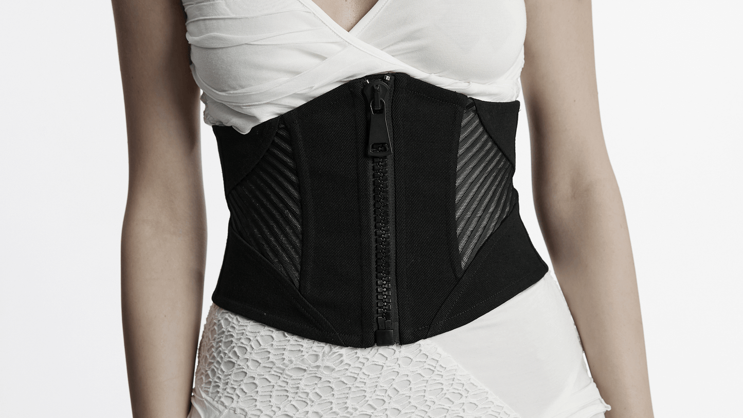 Punk Minimalist Black Corset with Mesh Splicing and Zipper