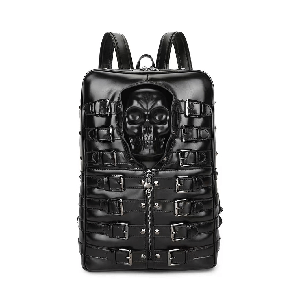 Punk Motorcycle Backpack With 3D Skull Head / Unisex Original Leather Backpack