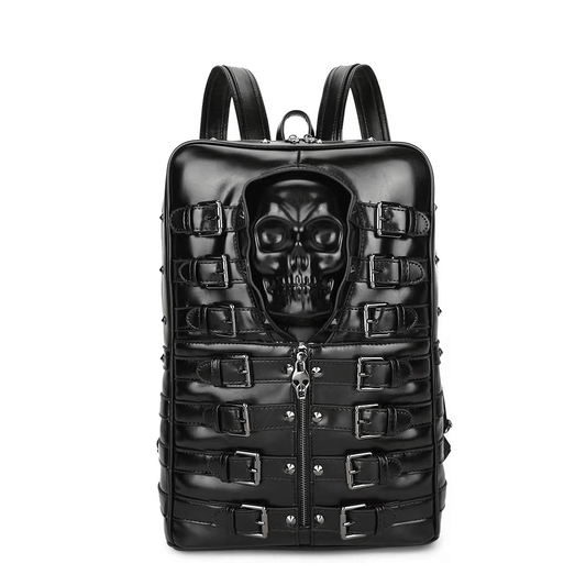 Punk Motorcycle Backpack With 3D Skull Head / Unisex Original Leather Backpack