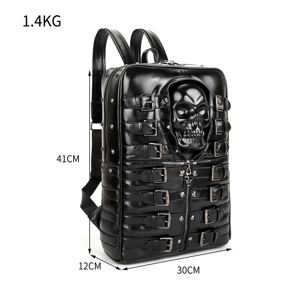 Punk Motorcycle Backpack With 3D Skull Head / Unisex Original Leather Backpack