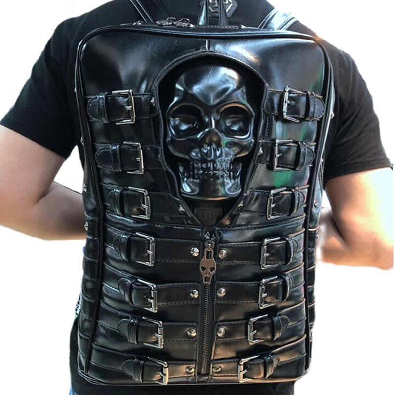 Punk Motorcycle Backpack With 3D Skull Head / Unisex Original Leather Backpack