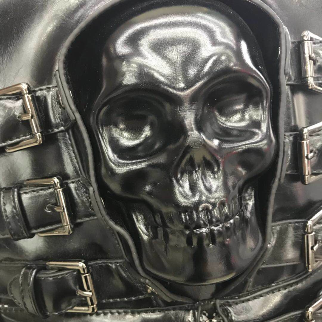 Punk Motorcycle Backpack With 3D Skull Head / Unisex Original Leather Backpack