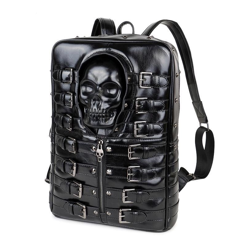 Punk Motorcycle Backpack With 3D Skull Head / Unisex Original Leather Backpack