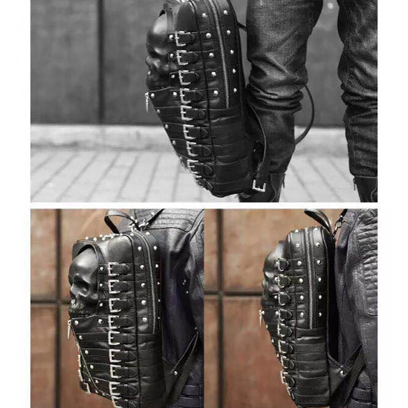 Punk Motorcycle Backpack With 3D Skull Head / Unisex Original Leather Backpack