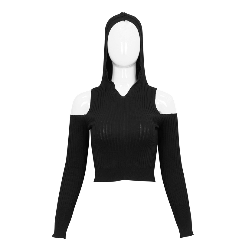 Punk Off Shoulder Knitted Hooded Top with Hollow out Back / Women's Black Long Sleeves Hoodies