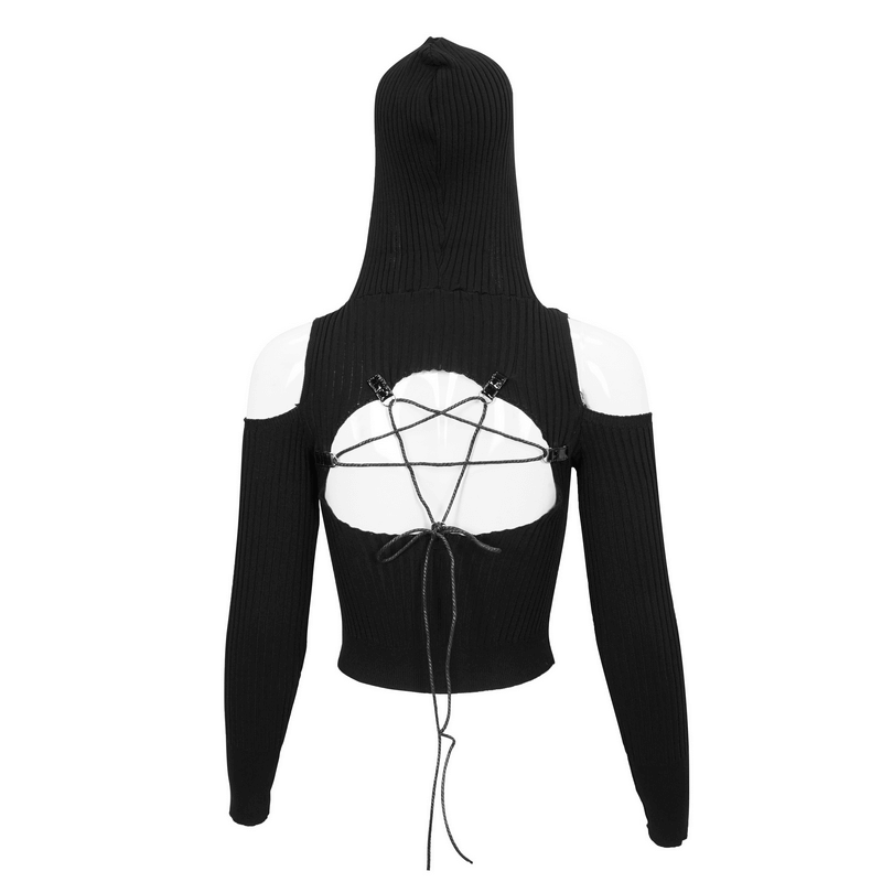Punk Off Shoulder Knitted Hooded Top with Hollow out Back / Women's Black Long Sleeves Hoodies