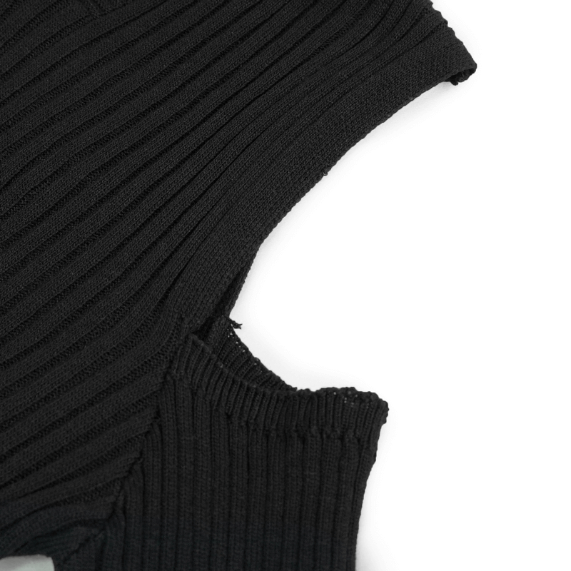 Punk Off Shoulder Knitted Hooded Top with Hollow out Back / Women's Black Long Sleeves Hoodies