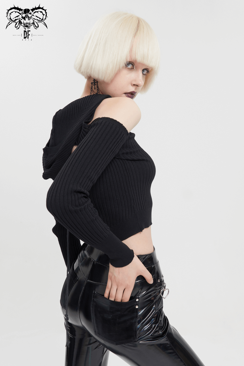 Punk Off Shoulder Knitted Hooded Top with Hollow out Back / Women's Black Long Sleeves Hoodies