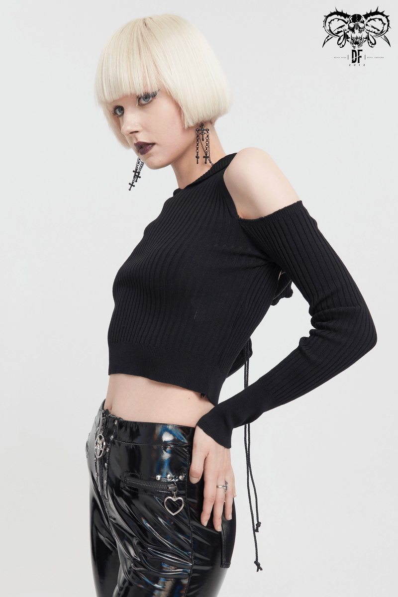 Punk Off Shoulder Knitted Hooded Top with Hollow out Back / Women's Black Long Sleeves Hoodies