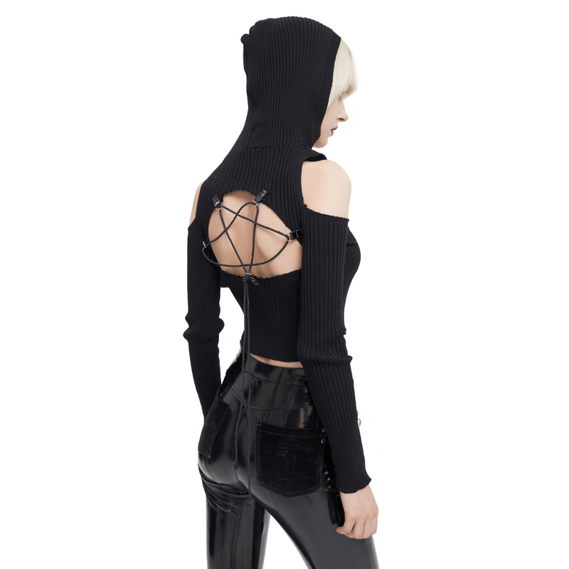 Punk Off Shoulder Knitted Hooded Top with Hollow out Back / Women's Black Long Sleeves Hoodies