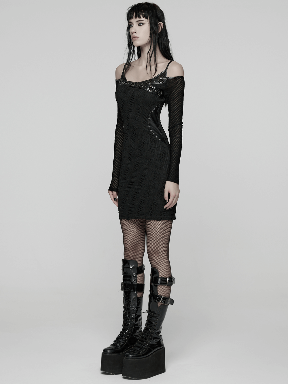 Punk Off-the-Shoulder Bodycon Dress with Metal Eyelets