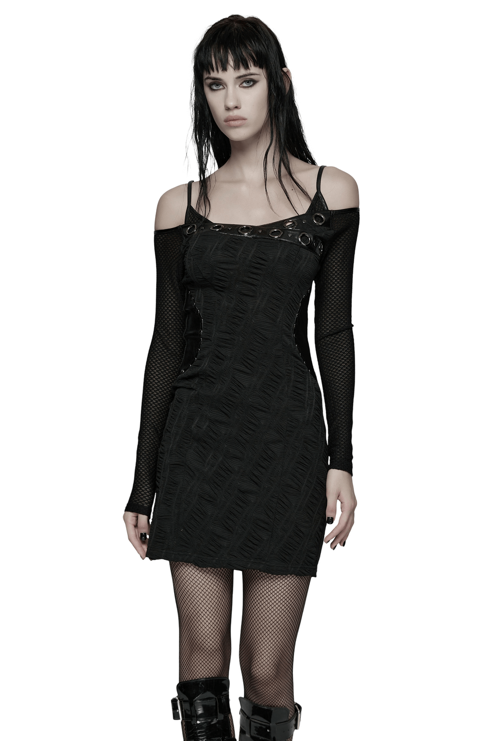Punk Off-the-Shoulder Bodycon Dress with Metal Eyelets