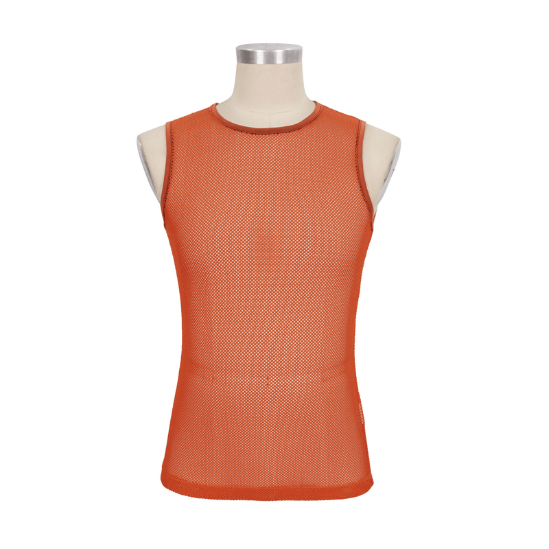 Punk Orange Sleeveless Mesh Tank Top / Men's Round Neck See-Through T-shirt