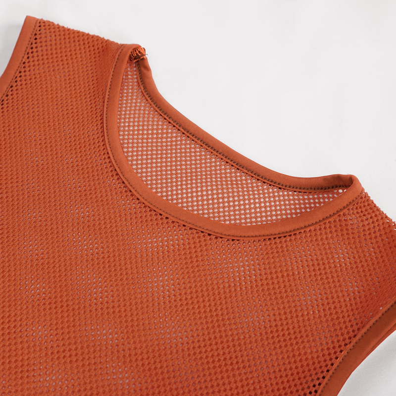 Punk Orange Sleeveless Mesh Tank Top / Men's Round Neck See-Through T-shirt