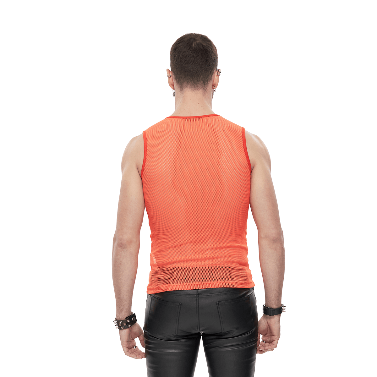Punk Orange Sleeveless Mesh Tank Top / Men's Round Neck See-Through T-shirt