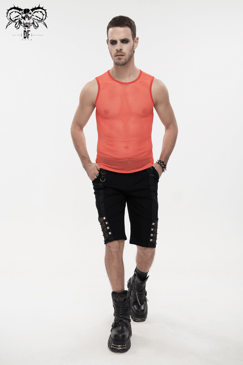 Punk Orange Sleeveless Mesh Tank Top / Men's Round Neck See-Through T-shirt