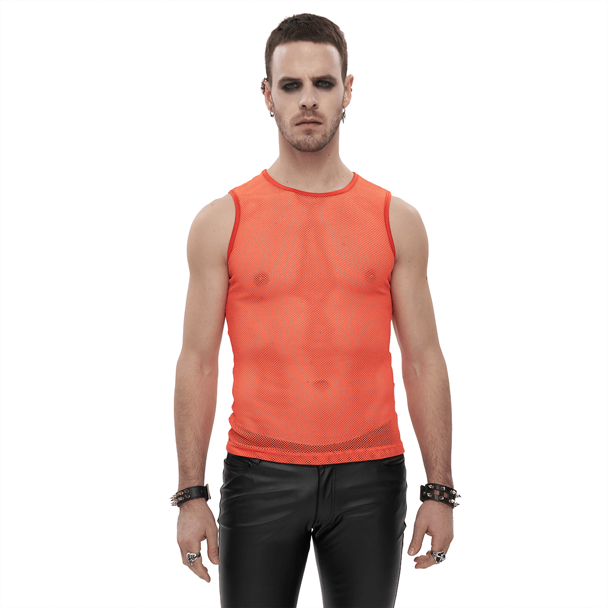 Punk Orange Sleeveless Mesh Tank Top / Men's Round Neck See-Through T-shirt