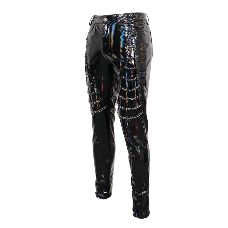 Punk Patent Leather Pants with Chains / Black Gothic Fitted Trousers for Men