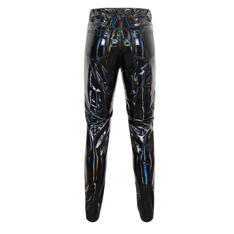 Punk Patent Leather Pants with Chains / Black Gothic Fitted Trousers for Men